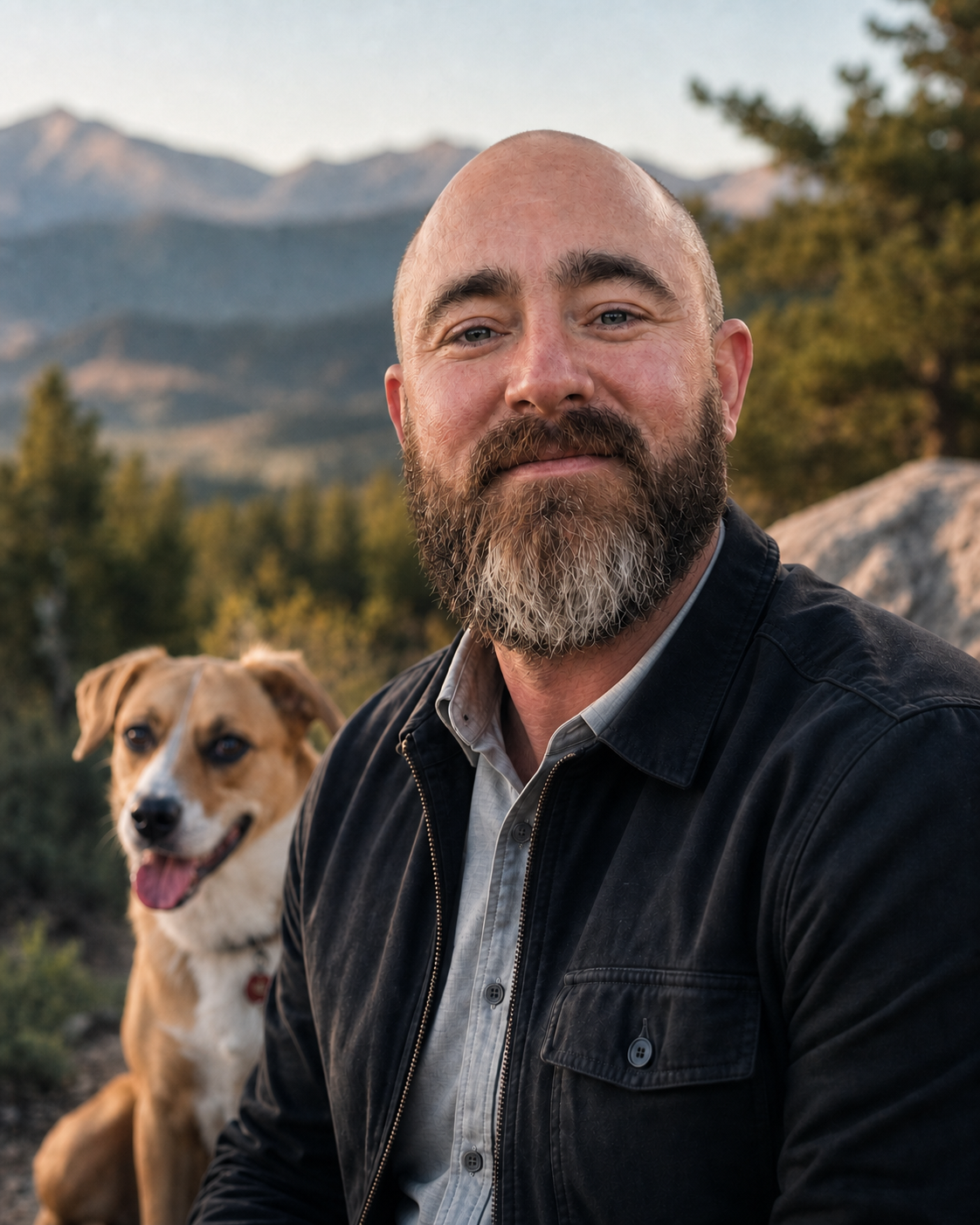 Blaine, Evenstar AI's founder, with his dog in evening mountain light.